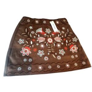 NWT Francesca's Embroidered Floral Suede Poly Mini Size Med Skirt Brown Orange